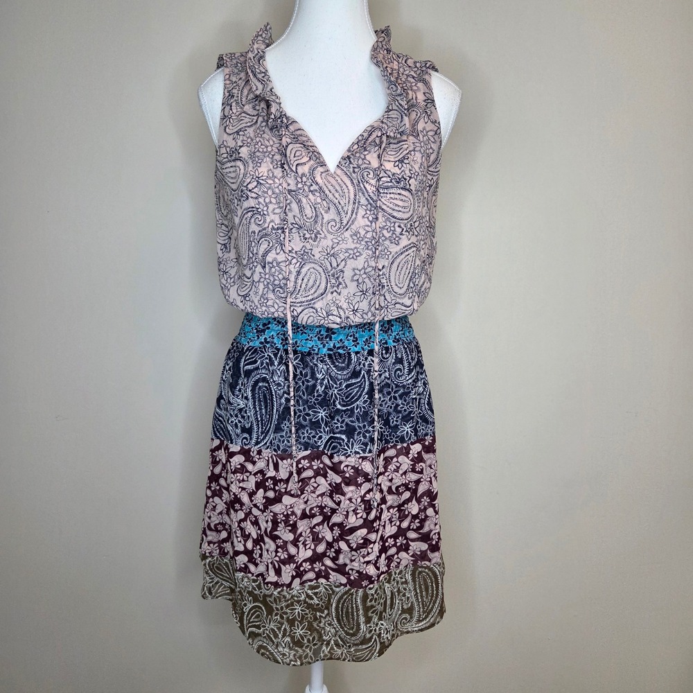 Cabi Paisley Tiered Ruffle Neck Smocked Waist Sleeveless Mini Dress XS - Picture 2 of 7